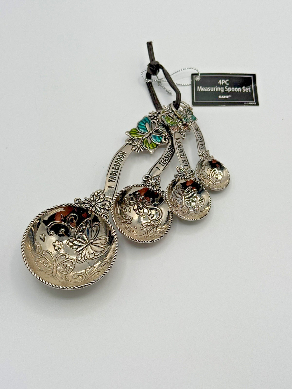GANZ ER32896 Butterfly Floral Measuring Spoons 4 Pc Set Enamel NOS New Tag